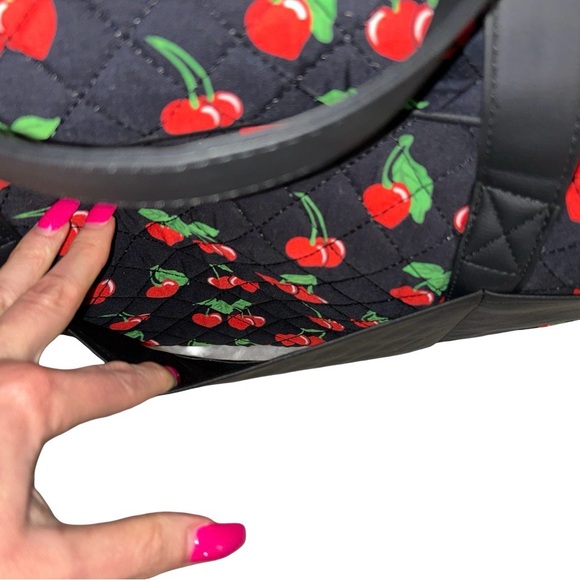 BETSEY JOHNSON BLACK RED CHERRIES OVERNIGHTER WEEKENDER & CHERRY PURSE CHARM NWT - Picture 7 of 12